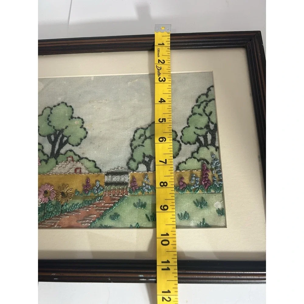 Vintage needle‎ point picture floral wood antique Framed 11x14 tapestry Farm